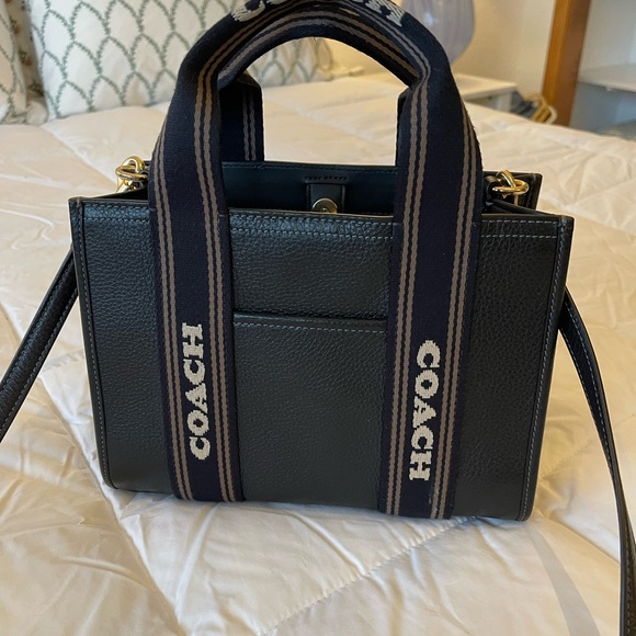 Coach Handbags - Coach Small Black Leather Tote with Canvas Coach Branded Straps